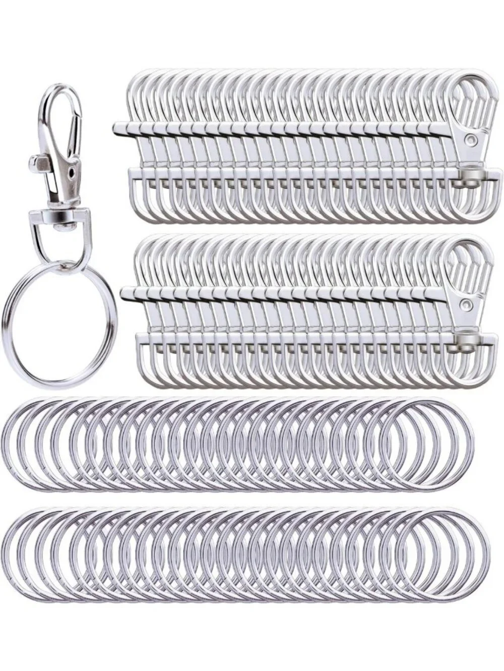 100 Metal Swivel Snap Hooks & Split Key Rings for Keychains - Durable